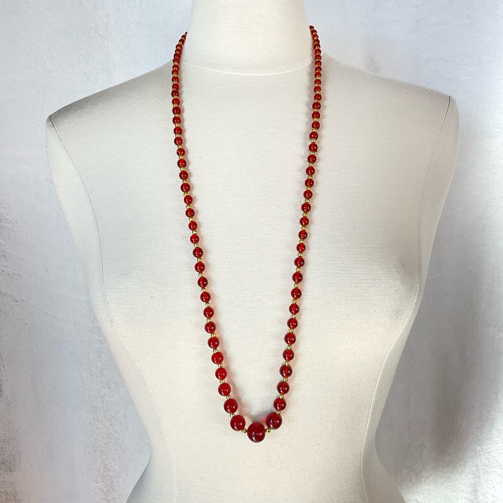 VTG, Lamp Work Glass & Gold Bead Necklace, Root Beer Color, Rope Length, 36"